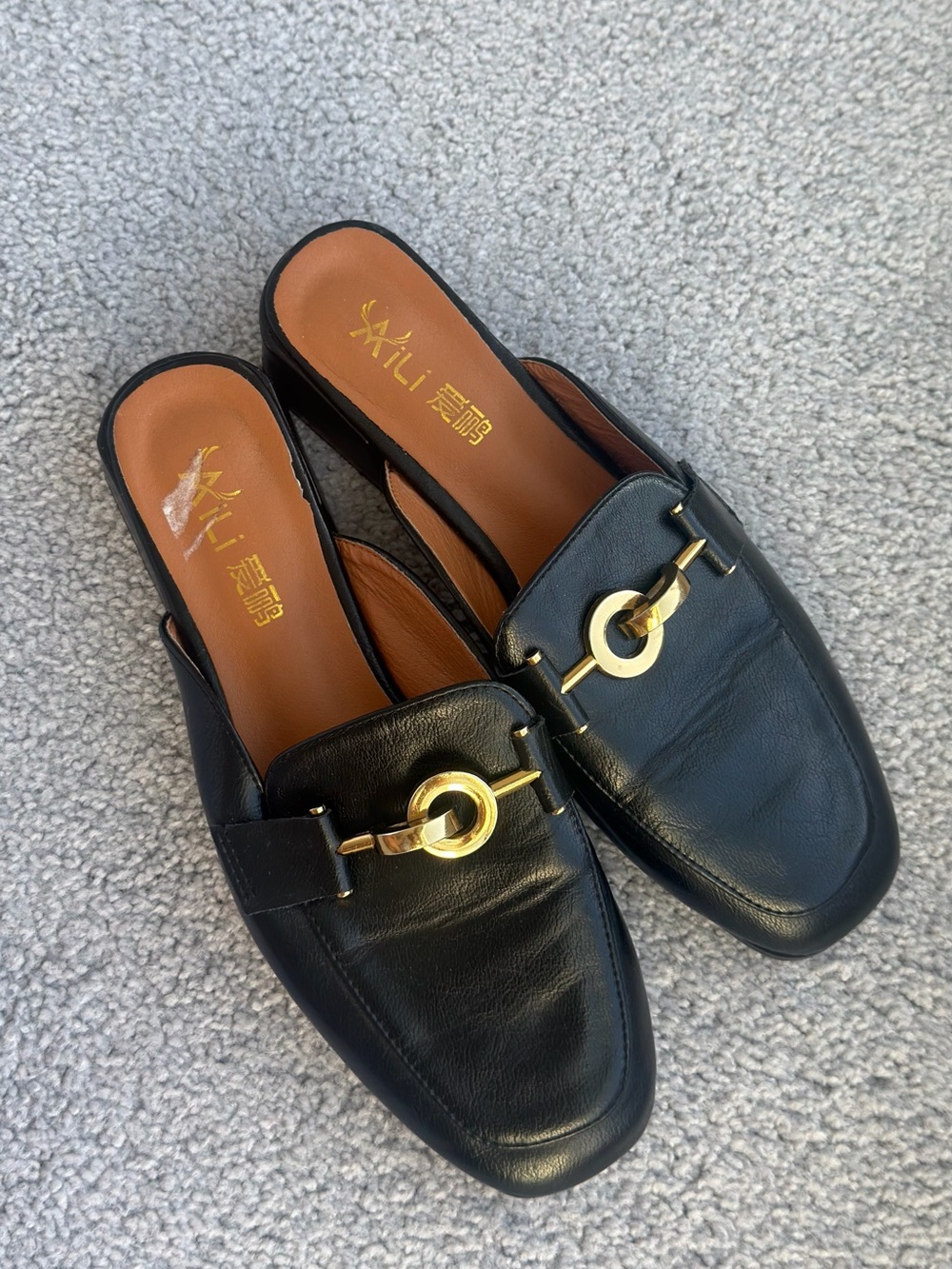 Black Leather Slip-On Mules with Gold Accent
